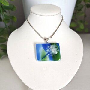 Green blue and cream abstract flower pendant necklace, Handmade festival jewelry